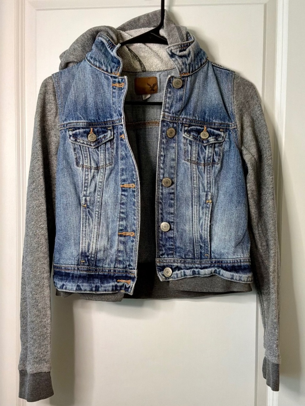 American Eagle Denim & Gray Knit Hoodie Jacket